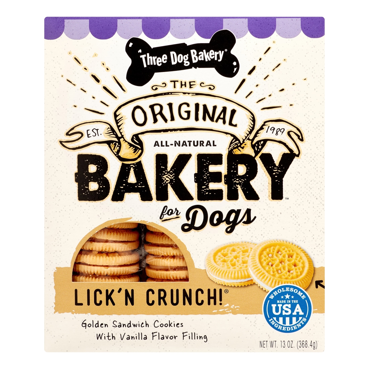 Picture of Three Dog Bakery 015169 13 oz Lick N Crunch Sandwich Cookies Golden & Vanilla Flavor Dog Treat - 6 Count