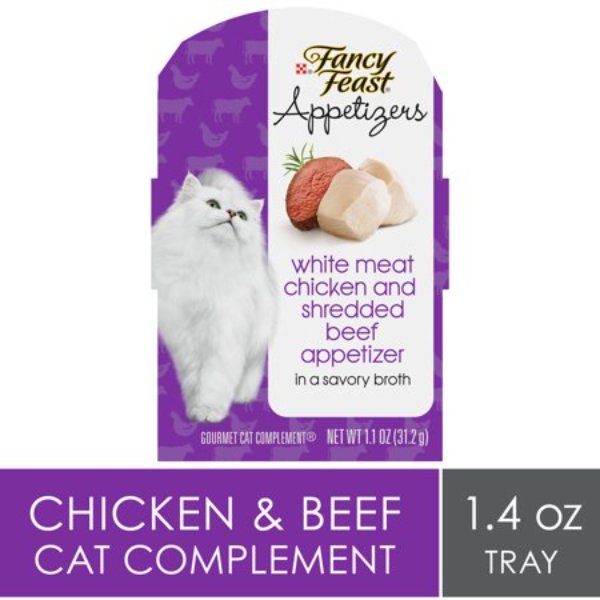 Picture of Nestle Purina Petcare 050931 1.1 oz Purina Fancy Feast Appetizers Grain Free Broth White Meat Chicken & Shredded Beef Complement Cat Food - Pack of 10
