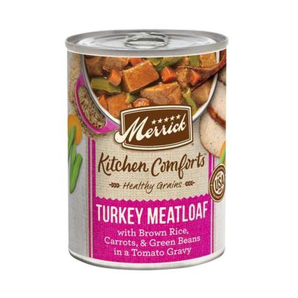 Picture of Merrick Pet Care 296137 12.7 oz Healthy Grains Kitchen Comforts Turkey Meatloaf in Gravy & Brown Rice Wet Dog Food - 12 Count