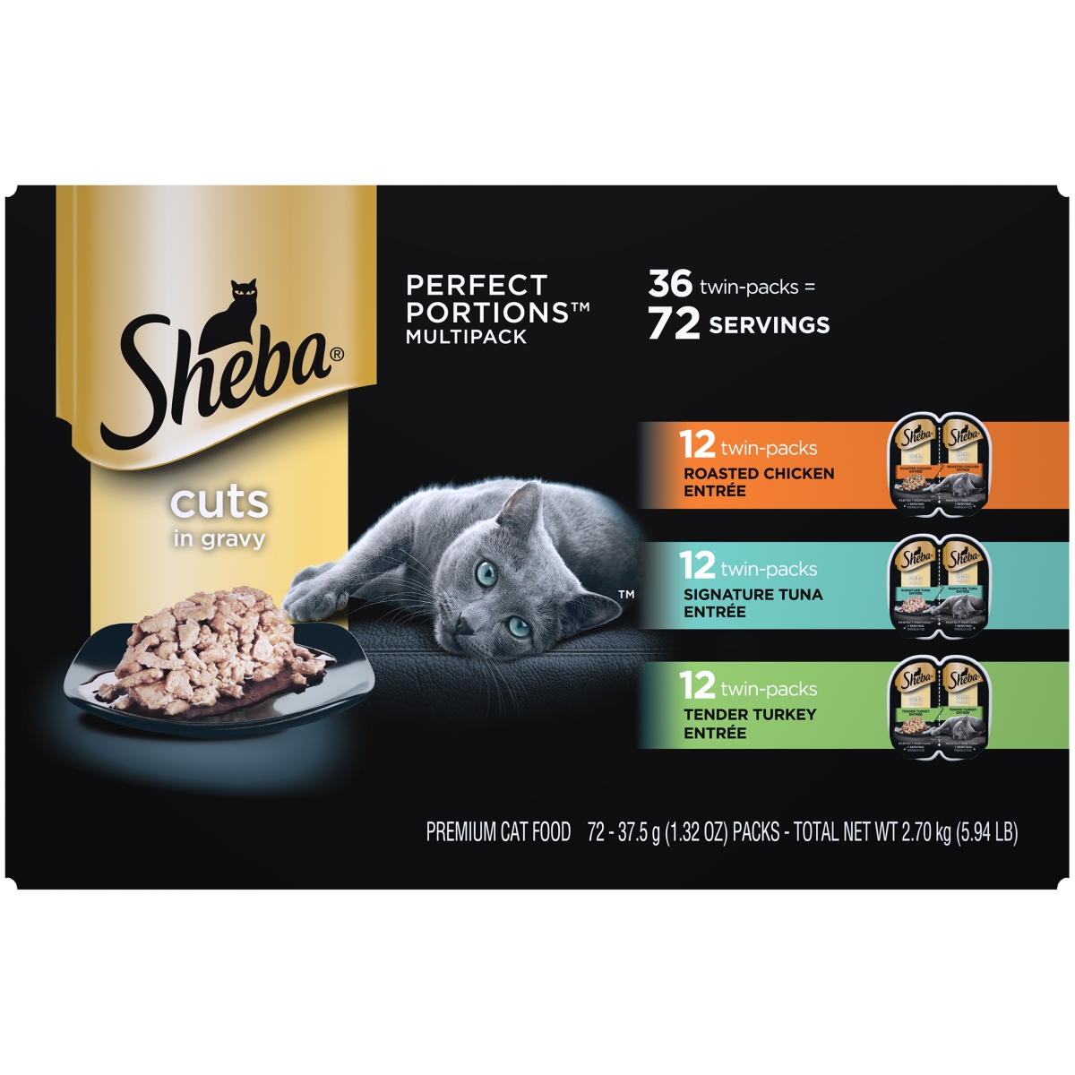 Picture of Mars Pet Care 798902 2.6 oz Sheba Wet Sustainable Tuna Roasted Chicken & Tender Turkey Cat Food Cuts Gravy Variety Pack - 36 Count