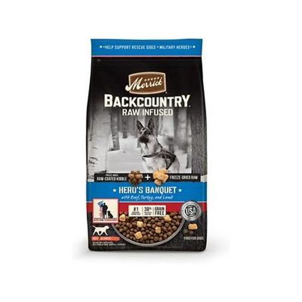 Picture of Merrick Pet Care 296033 4 lbs Backcountry Grain Free Dry Adult Dog Food&#44; Kibble with Freeze Dried Raw Pieces Heros Banquet Recipe - Case of 5