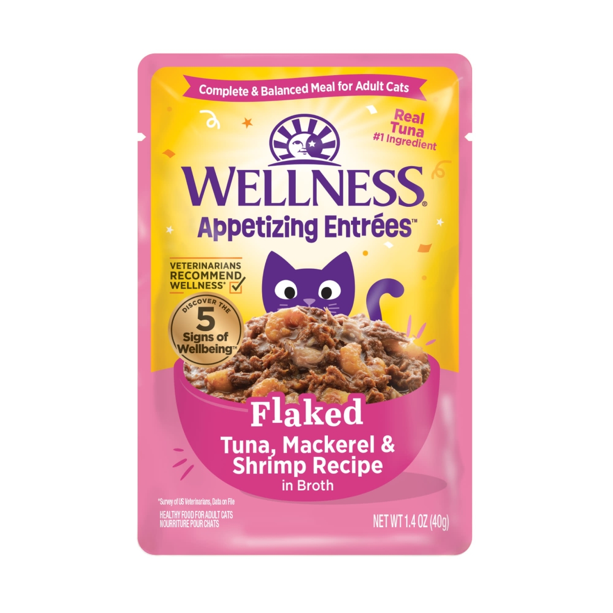 Picture of The Wellness Pet 104023 1.4 oz Appetizing Entrees Flaked Tuna Mackerel Shrimp Recipe in Broth Natural Wet Cat Food - 3 Per Pack - Case of 8