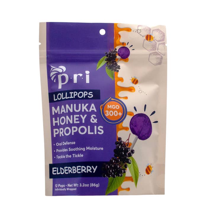 597327 Manuka Honey & Propolis Lollipops, Elderberry - 12 Count