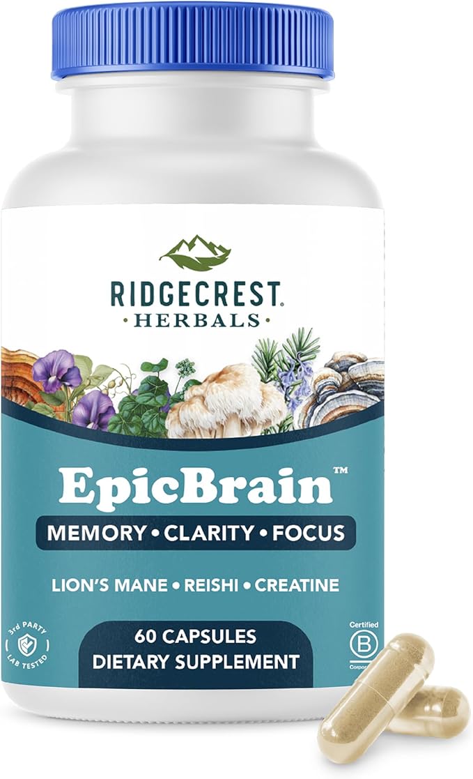 140204 Epic Brain Natural Brain Support Supplement with Creatine Monohydrate - Lions Mane - Reishi - Supports Mental Clarity - Memory - 60 Capsules