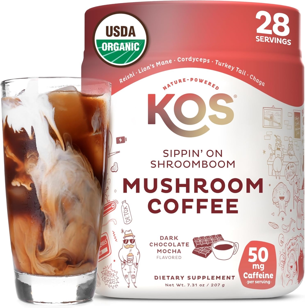 Picture of KOS Store 837001 7.4 oz Sipping On Dark Chocolate Mocha Flavor - Mushroom Coffee Latte Powder with Reishi, Cordyceps