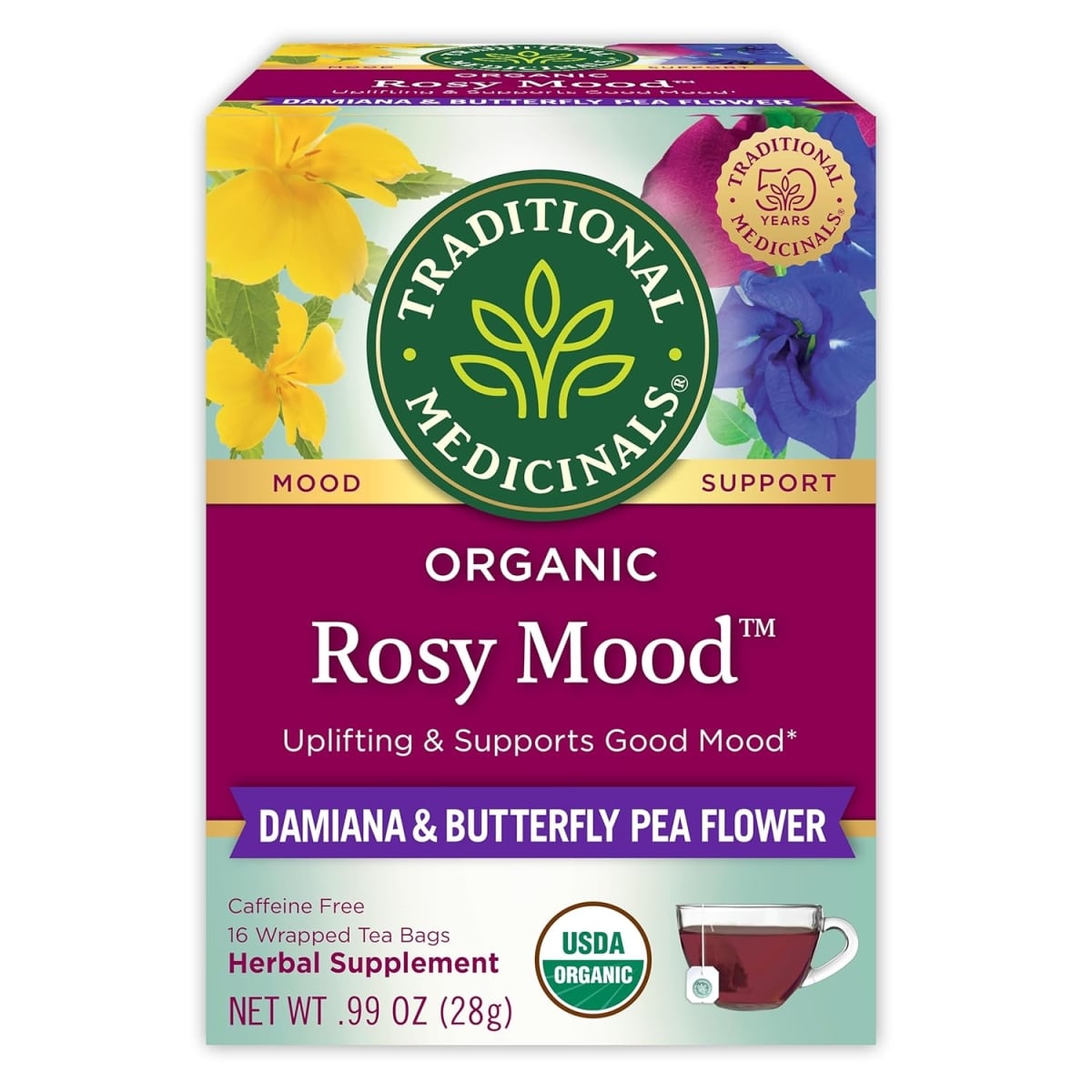 Picture of Traditional Medicinals TMT850 Organic Rosy Mood Supports Good Mood Tea Powder, 16 Bags