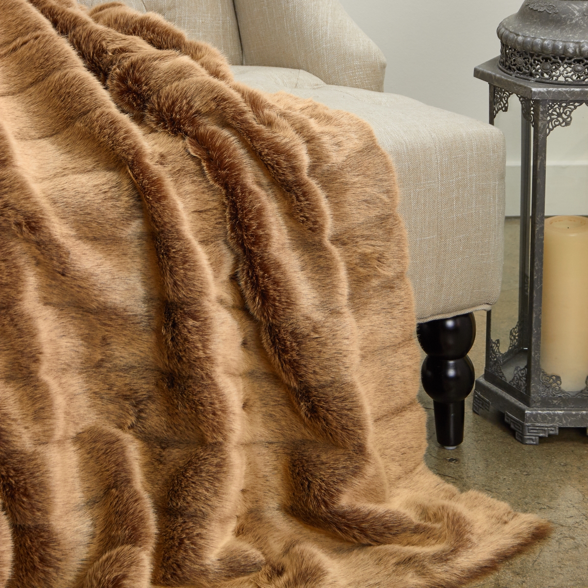 Frost Mink Faux Fur Luxury Throw Blanket, Light Brown - Queen