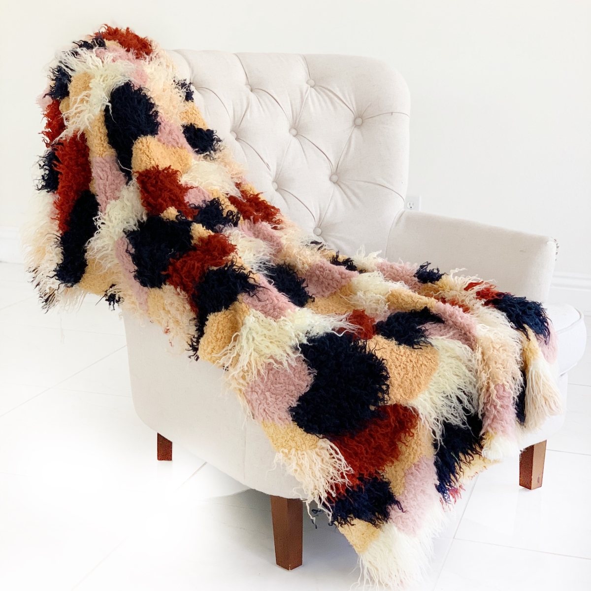 60 x 72 in. Fanciful Boho Plush Handmade Luxury Faux Fur Throw, Red, White & Blue