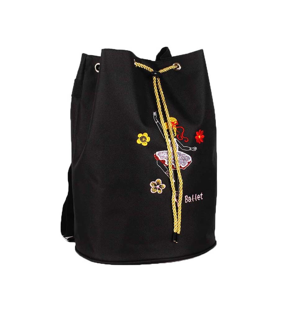 Girls Latin Ballet Dance Gym Backpack Embroidery Kids Dance Equipment Drawstring Bag, Black