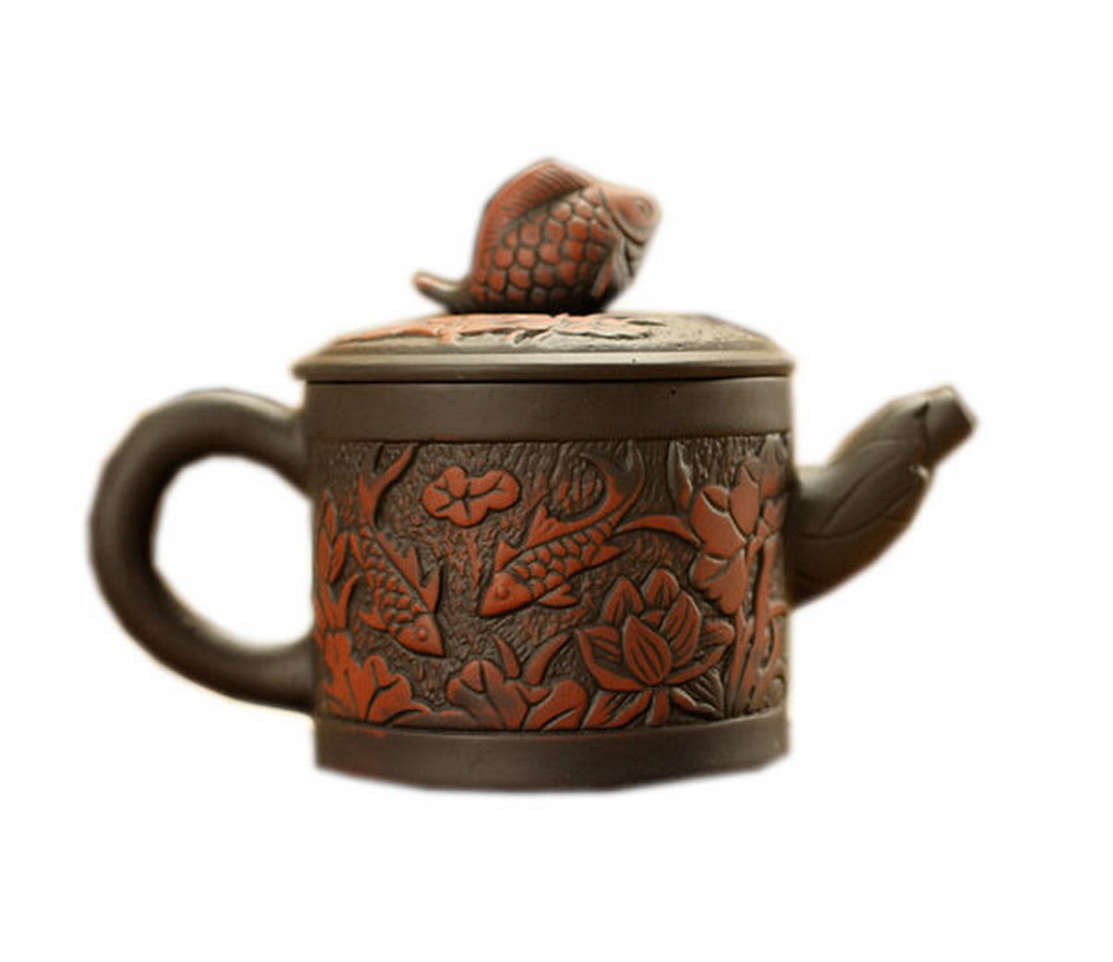 Picture of Panda Superstore PS-HOM367229011-EMILY02719 Two Carps in Lotus Pond Purple Clay Teapot, Orange