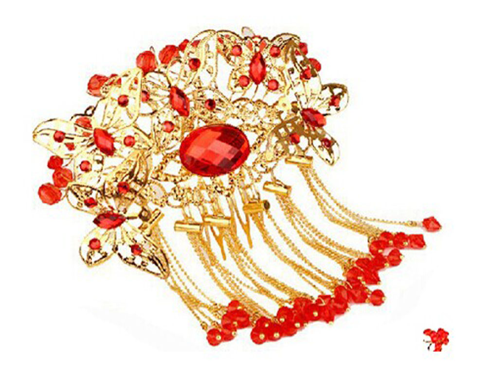 Picture of Panda Superstore PS-BEA11058011-HIROCO00788 Amazing Traditional Chinese Wedding Gold Butterfly Tassels Hair Combs, Gold & Red