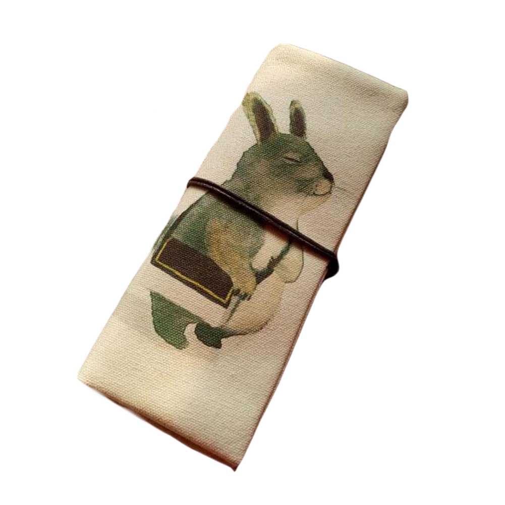 Rabbit Roll up Pencil Case Cosmetic Pencil Pouch Canvas Pen Case Purse Bag