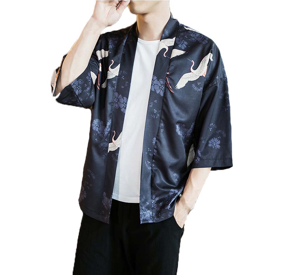 Crane Pattern Chinese Half Sleeve Kungfu Cloth Cotton & Linen Outerware Mens Shirt, C
