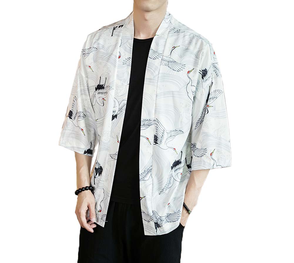 Crane Pattern Chinese Half Sleeve Kungfu Cloth Cotton & Linen Outerware Mens Shirt, B
