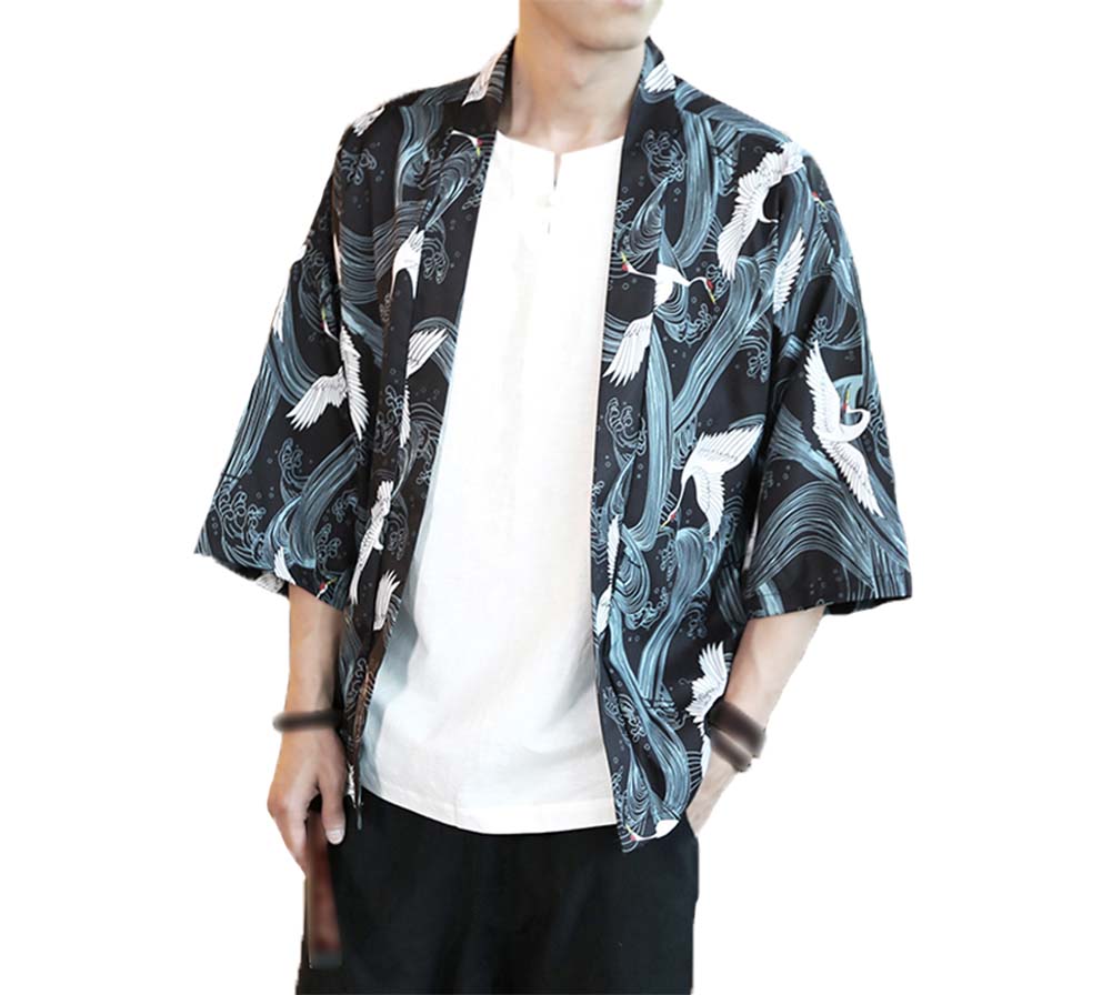 Crane Pattern Chinese Half Sleeve Kungfu Cloth Cotton & Linen Outerware Mens Shirt, A