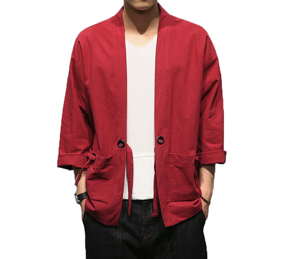 No.3 Standing Collar Cotton & Linen Chinese Half Sleeve Kungfu Cloth Outerware Mens Shirt, Red