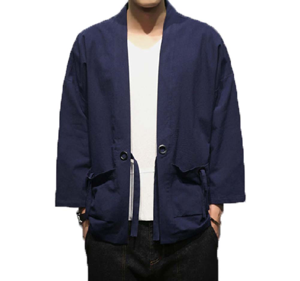 No.3 Standing Collar Cotton & Linen Chinese Half Sleeve Kungfu Cloth Outerware Mens Shirt, Navy Blue