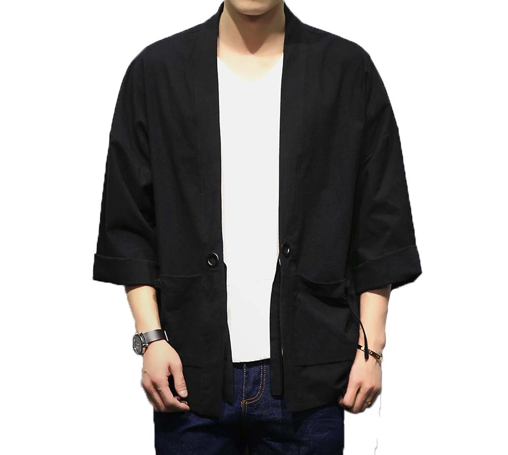No.3 Standing Collar Cotton & Linen Chinese Half Sleeve Kungfu Cloth Outerware Mens Shirt, Black