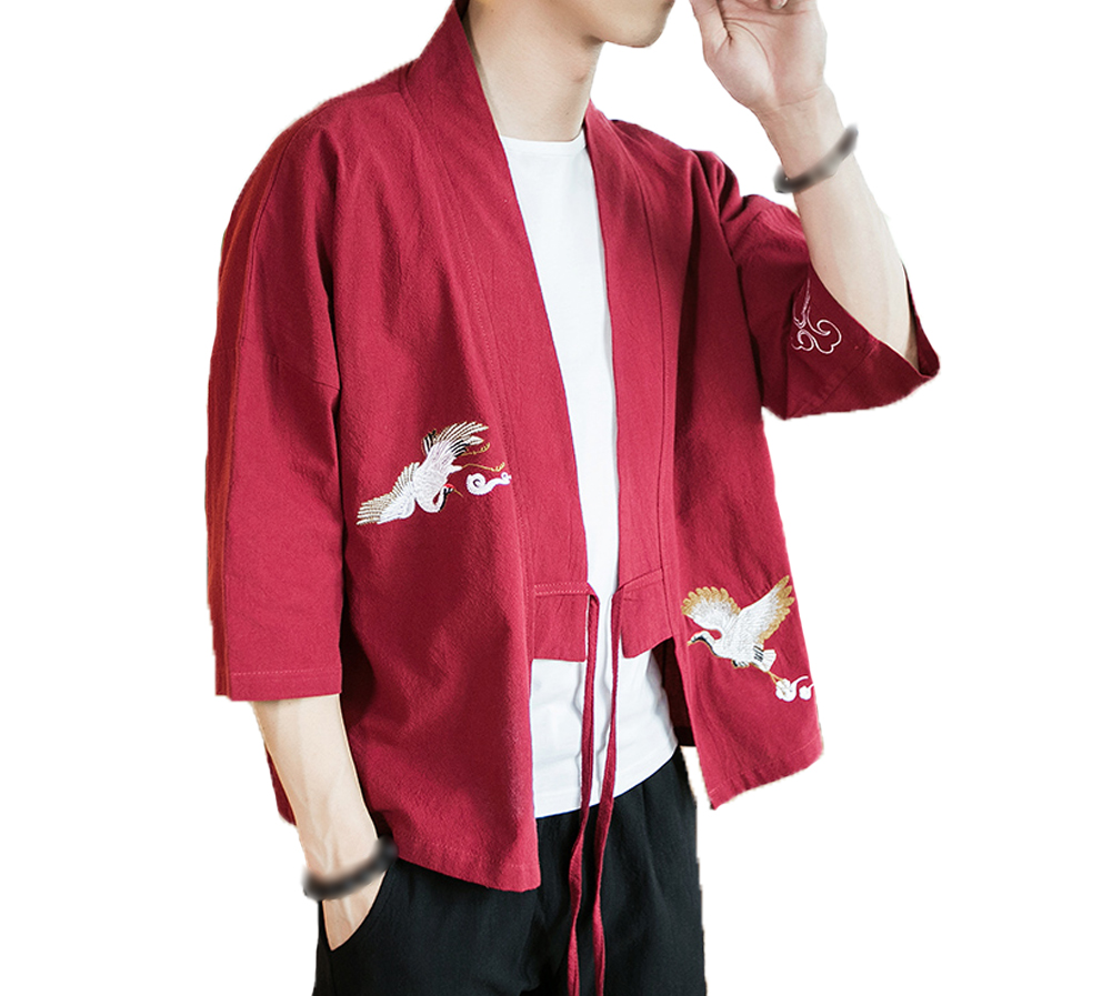 No.2 Standing Collar Cotton & Linen Chinese Half Sleeve Kungfu Cloth Outerware Mens Shirt, Wine Red