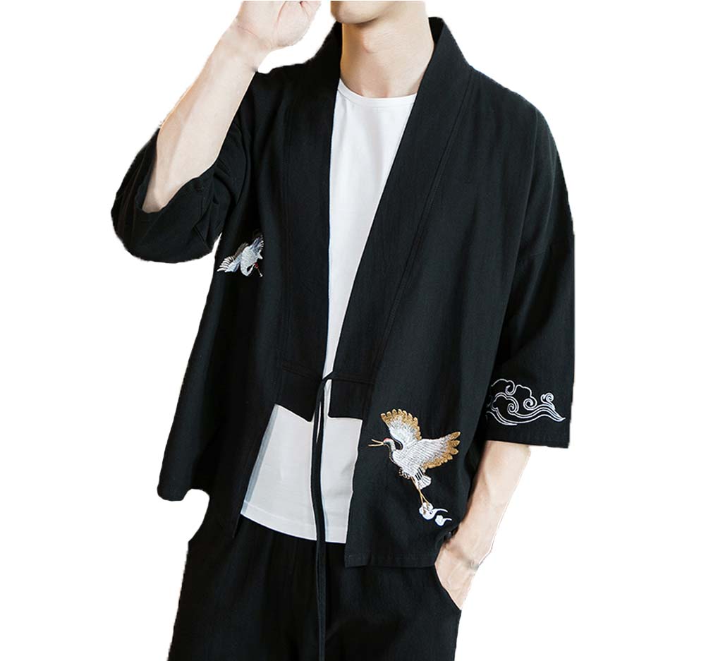No.2 Standing Collar Cotton & Linen Chinese Half Sleeve Kungfu Cloth Outerware Mens Shirt, Black