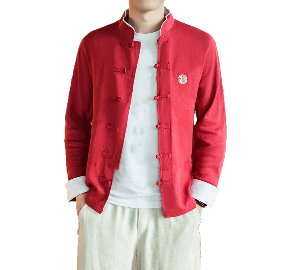 No.4 Standing Collar Cotton & Linen Chinese Long Sleeve Kungfu Cloth Outerware Mens Shirt, Red