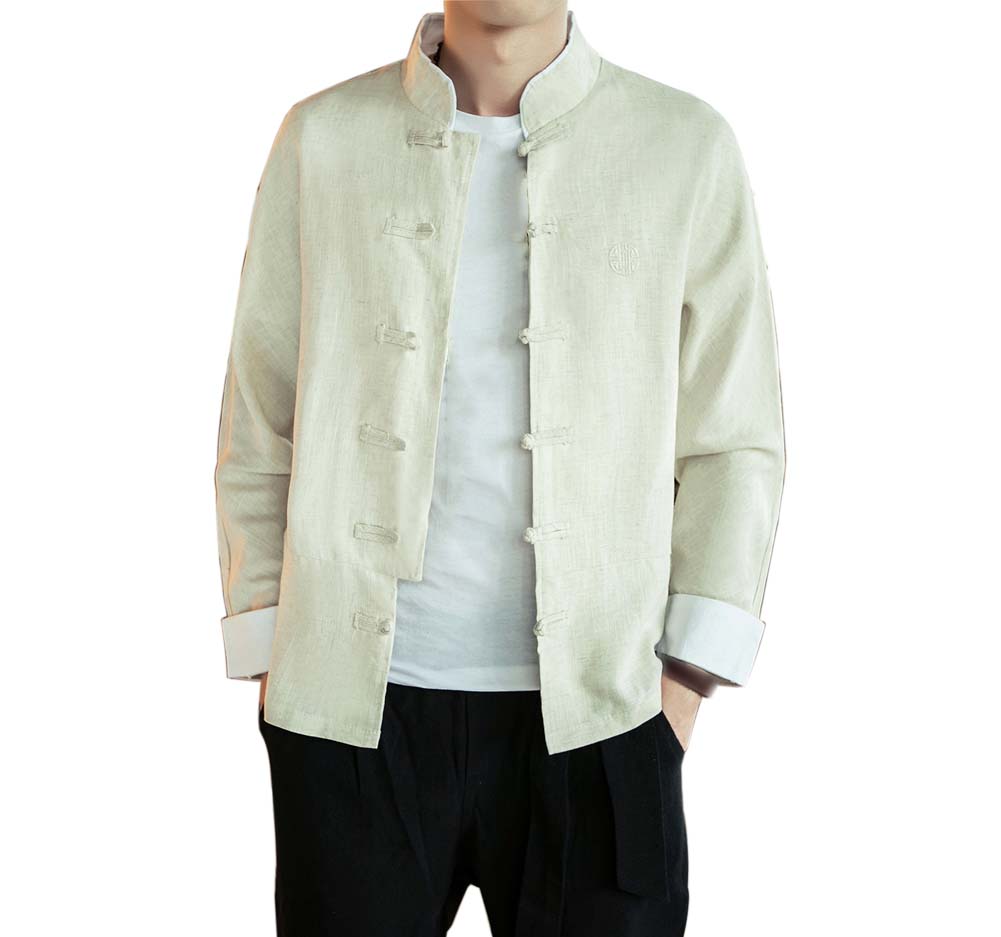 No.4 Standing Collar Cotton & Linen Chinese Long Sleeve Kungfu Cloth Outerware Mens Shirt, Beige