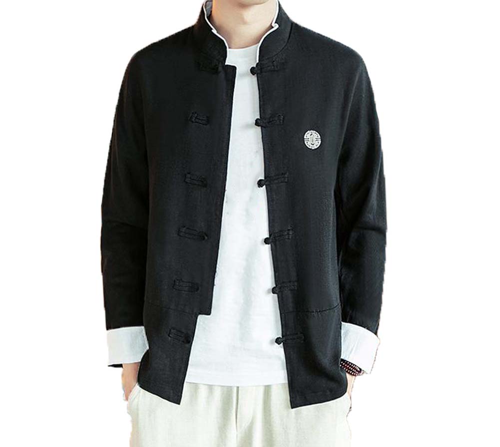 No.4 Standing Collar Cotton & Linen Chinese Long Sleeve Kungfu Cloth Outerware Mens Shirt, Black
