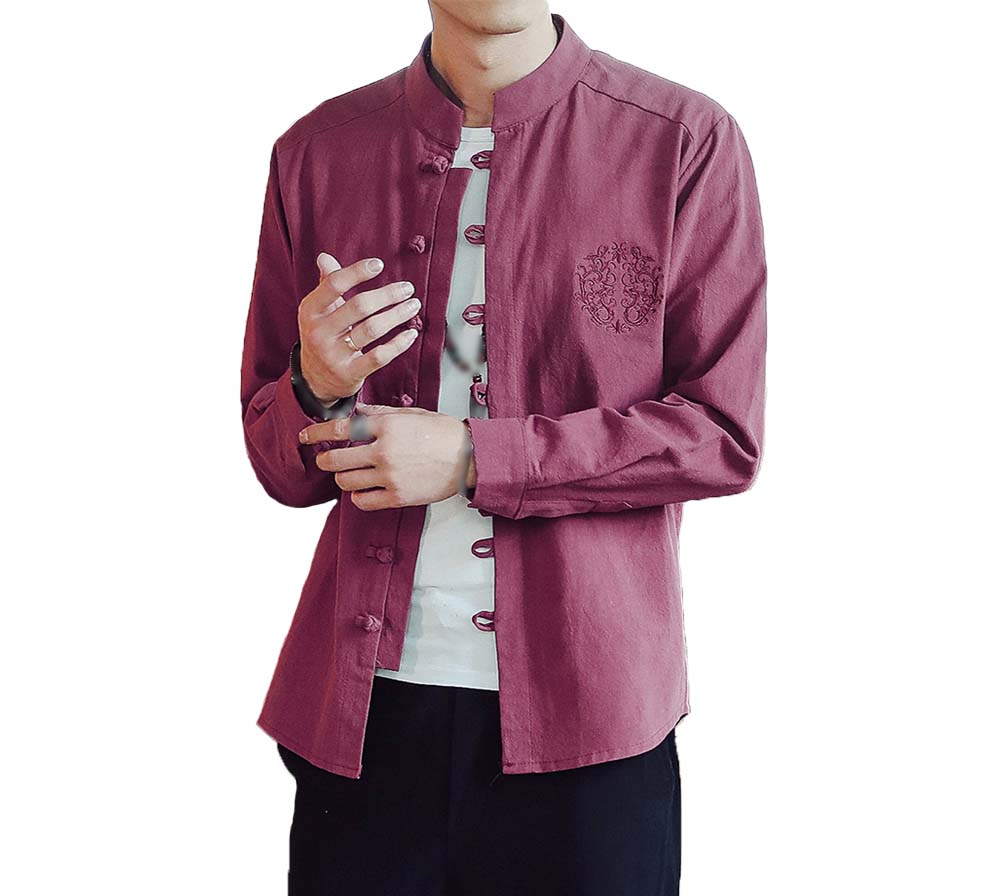 No.3 Standing Collar Cotton & Linen Chinese Long Sleeve Kungfu Cloth Outerware Mens Shirt, Wine Red