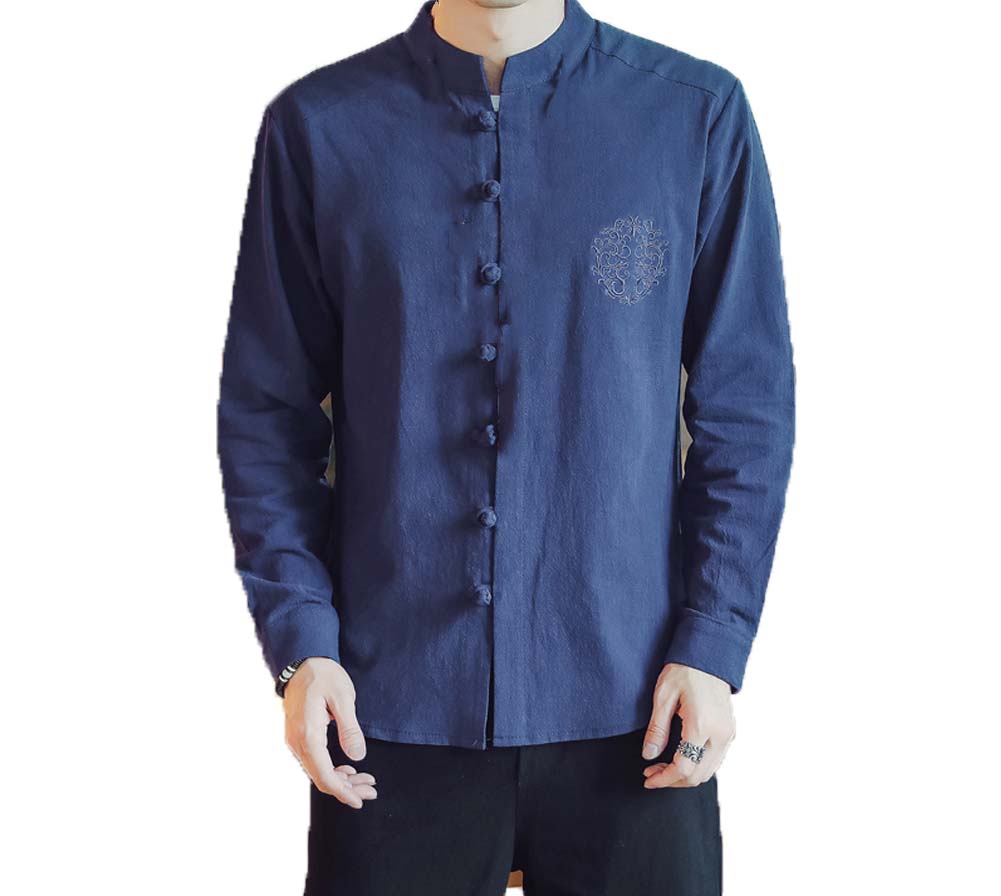 No.3 Standing Collar Cotton & Linen Chinese Long Sleeve Kungfu Cloth Outerware Mens Shirt, Navy Blue