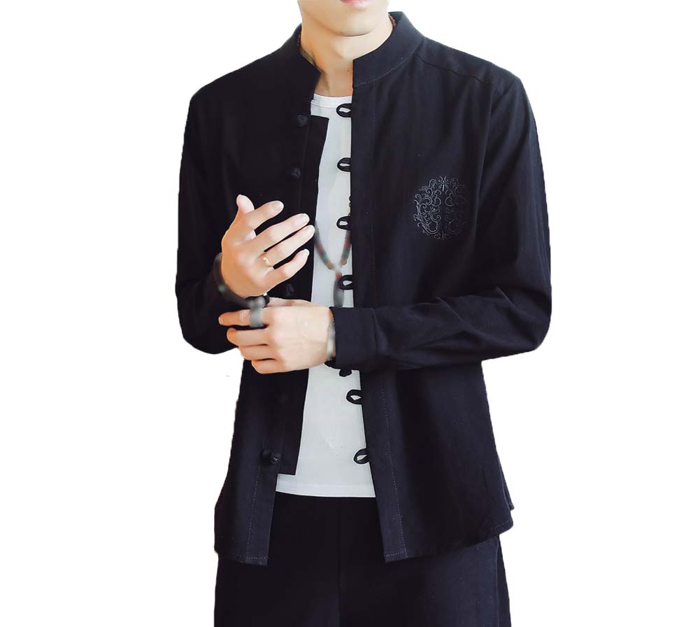 No.3 Standing Collar Cotton & Linen Chinese Long Sleeve Kungfu Cloth Outerware Mens Shirt, Black