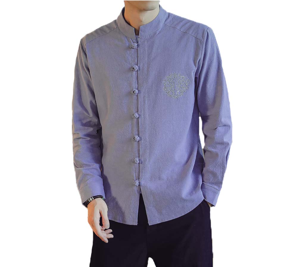 No.3 Standing Collar Cotton & Linen Chinese Long Sleeve Kungfu Cloth Outerware Mens Shirt, Purple