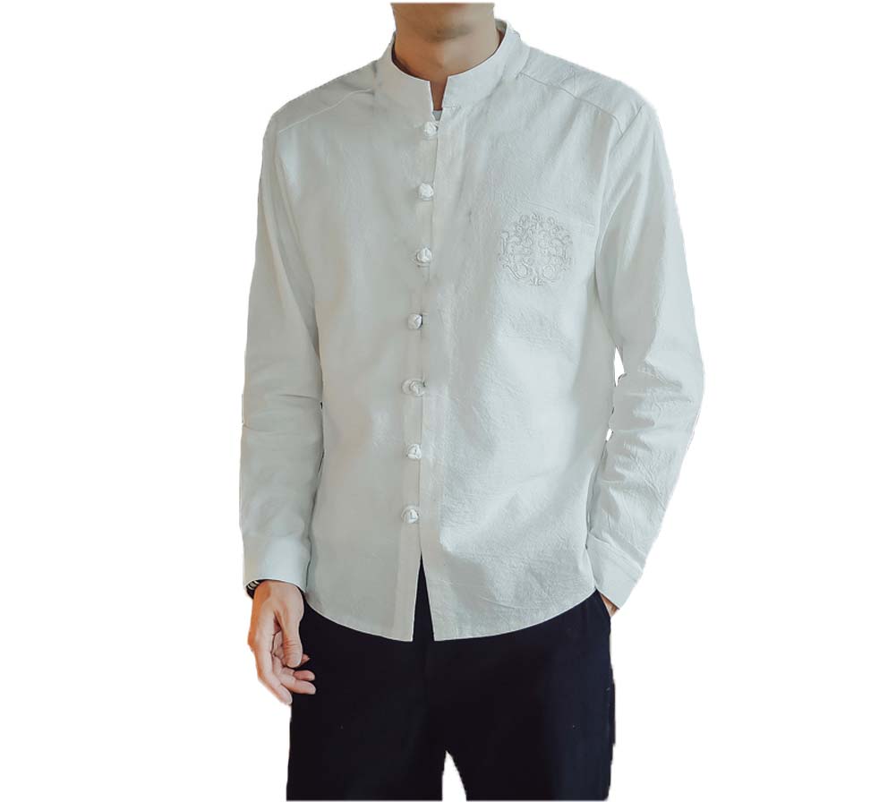 No.3 Standing Collar Cotton & Linen Chinese Long Sleeve Kungfu Cloth Outerware Mens Shirt, White