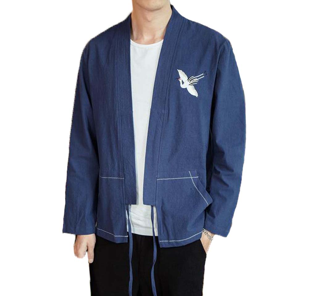 Standing Collar Cotton & Linen Chinese Long Sleeve Kungfu Cloth Mens Shirt, Dark Blue