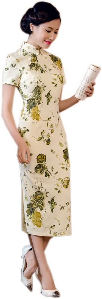 Picture of Panda Superstore BT-CLO1045024-EMILY03108 Rose Tea Length Chinese Qipao Dress&#44; Green - Medium