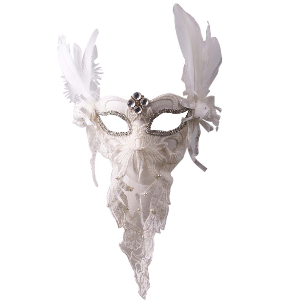 Picture of Panda Superstore PF-TOY2229578011-KELLY00370-RP Womens White Feather Masquerades Venetian Lace Veil Mask