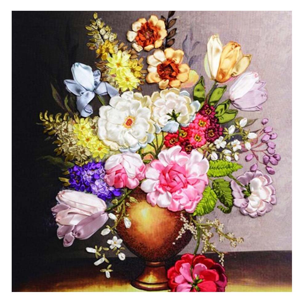 Picture of Panda Superstore PF-HOM6492274011-DORIS01052-RP 21.6 x 25.5 in. Colorful Flower Needle Crafts Silk Ribbon Embroidery Starter Cross Stitch Kit for Home Decor Gift, Multi Color