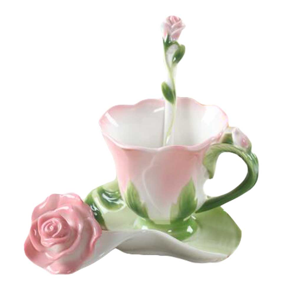 Picture of Panda Superstore PF-HOM9302388011-DORIS00171-RP 5.1 oz Pink Rose Shape Design Porcelain Coffee Tea Cup Sets with Saucer & Spoon, Multi Color
