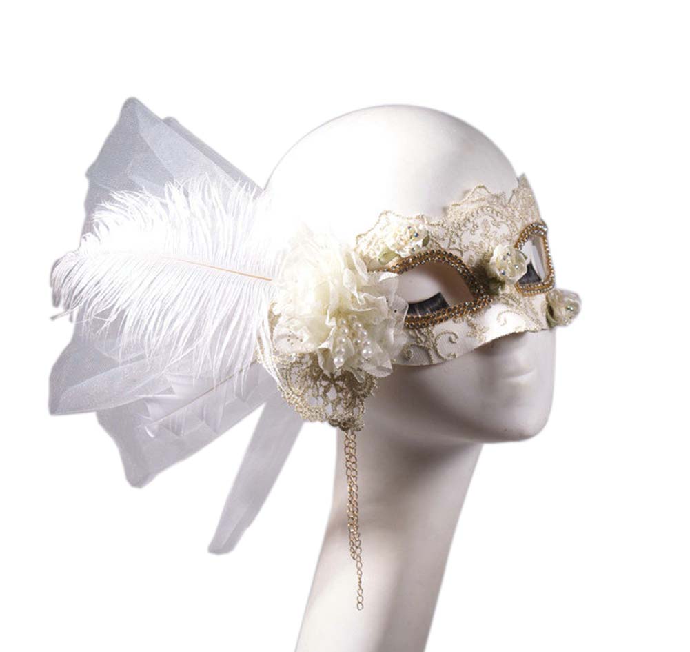 Picture of Panda Superstore PF-TOY2229578011-KELLY00069-RP Venetian Masquerade Halloween Costume Half Face Lace Masks with Feather Flowers, White