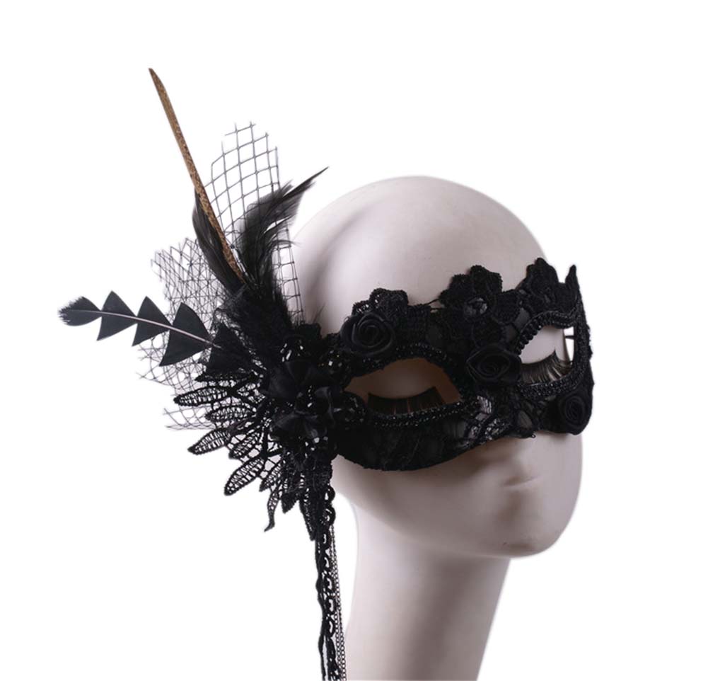 Picture of Panda Superstore PF-TOY2229578011-KELLY00070-RP Venetian Masquerade Halloween Costume Half Face Lace Masks with Feather Flowers, Black