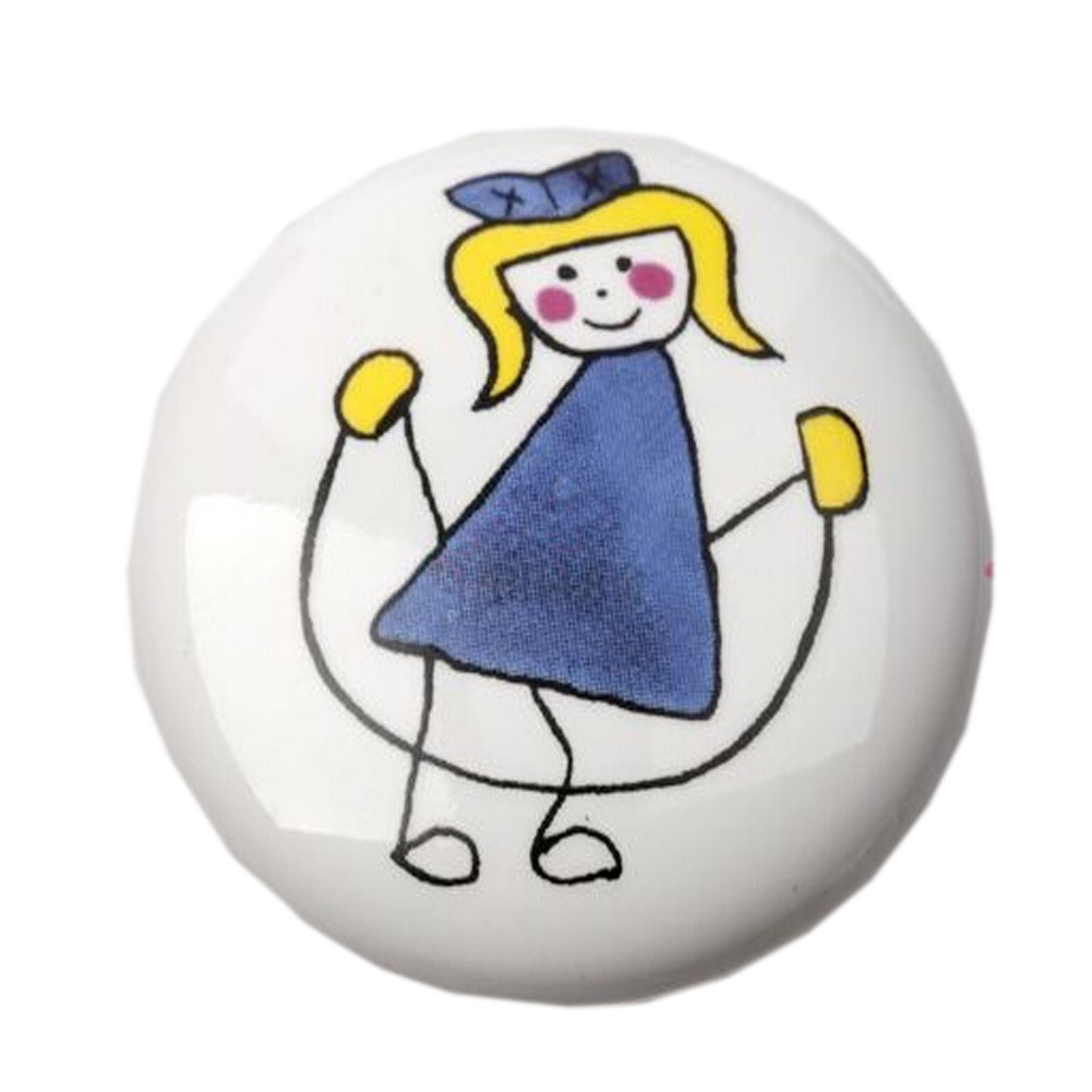 1.5 x 1.5 x 1 in. Cartoon Ceramic Kids Drawer, Cabinet Handles & Pulls, Multi Color - Jumping Girl - Set of 3