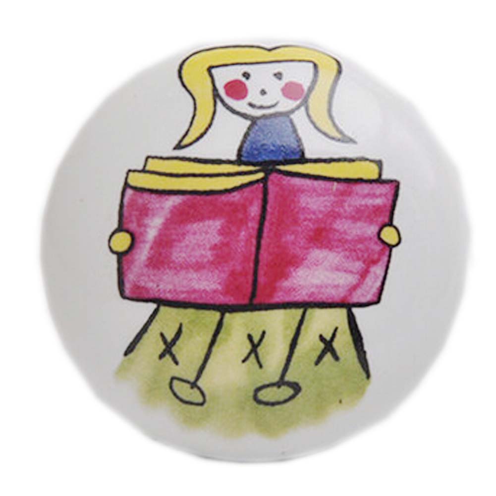 1.5 x 1.5 x 1 in. Cartoon Ceramic Kids Drawer, Cabinet Handles & Pulls, Multi Color - Reading Girl - Set of 3