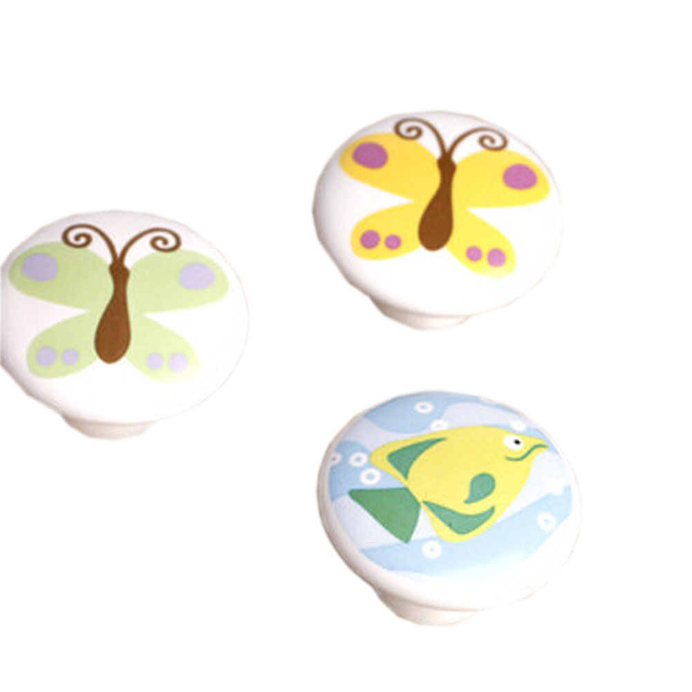 1.5 x 1.5 x 0.98 in. Ceramic Kids & Adult Drawer & Cabinet Handles, Pulls & Knobs, Multi Color - Butterfly & Fish - Set of 3