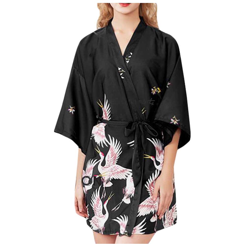 PF-HOM3737861-DORIS01015-RP Japanese Style Crane Kimono Pajamas Yukata Bathrobes Bridal Bridesmaid Nightgowns, Black -  Panda Superstore