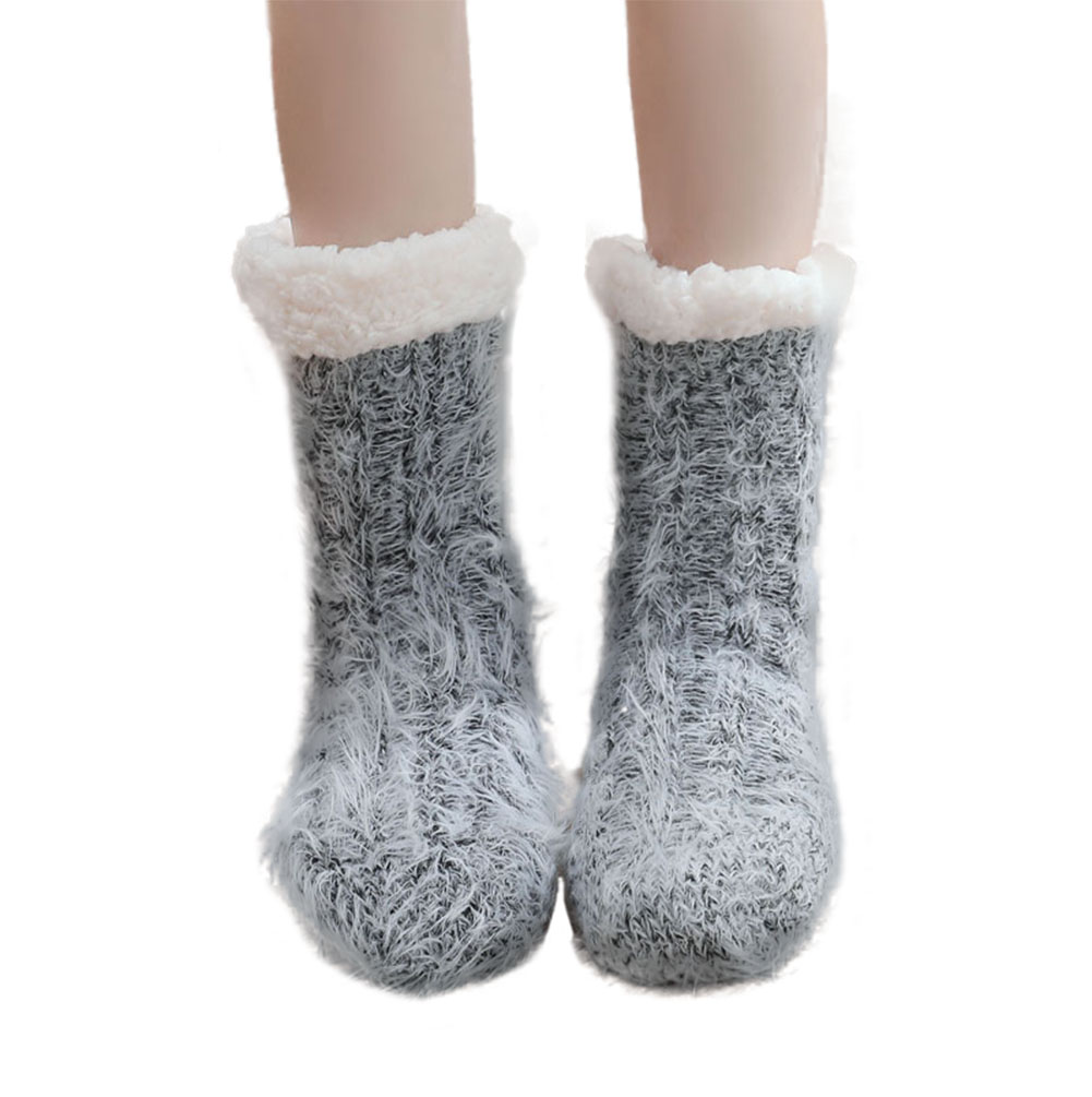 PL-CLO2376199011-KELLY01553-RP Womens Pure Color Fuzzy Warm Thick Cozy Slipper Socks for Winter Warm Christmas Gift, Black -  Panda Superstore