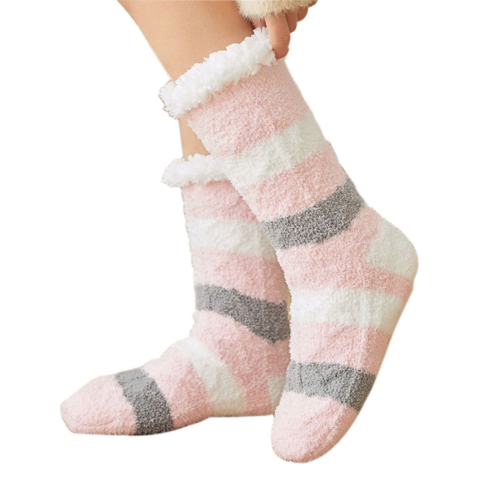 PL-CLO2376199011-KELLY01625-RP Womens Soft Cozy Fuzzy Thick Slipper Socks for Winter Indoor Warm Christmas Gift, Pink & Grey Stripes -  Panda Superstore