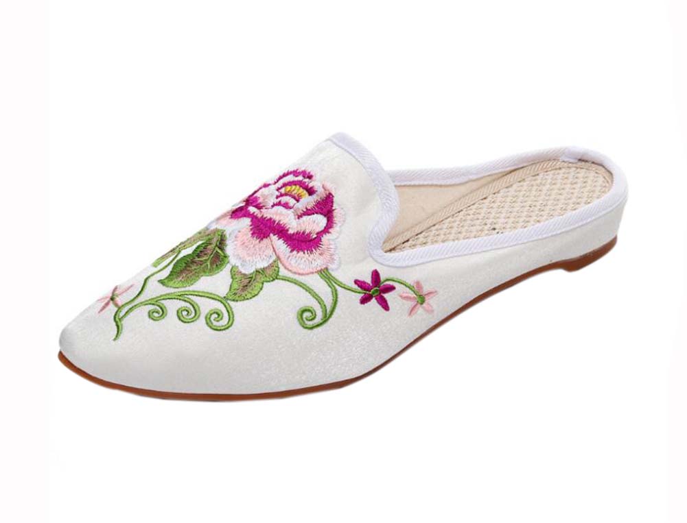 Womens Pointed Toe Backless Embroidery Lazy Loafers Flat Sandals, White, Size 38-39 M EU