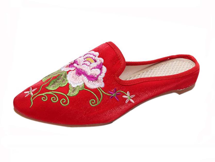 Womens Pointed Toe Backless Embroidery Lazy Loafers Flat Sandals, Red, Size 38-39 M EU