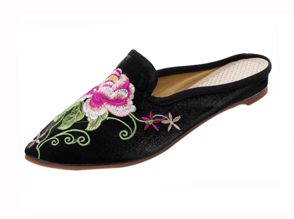 Womens Pointed Toe Backless Embroidery Lazy Loafers Flat Sandals, Black, Size 38-39 M EU