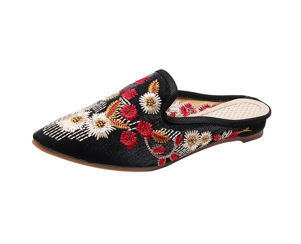 Womens Pointed Toe Backless Floral Embroidery Lazy Loafers Flat Sandals, Black, Size 38-39 M EU
