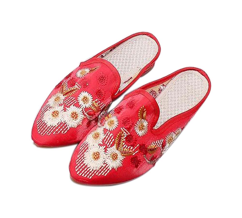 Womens Pointed Toe Backless Floral Embroidery Lazy Loafers Flat Sandals, Red, Size 38-39 M EU